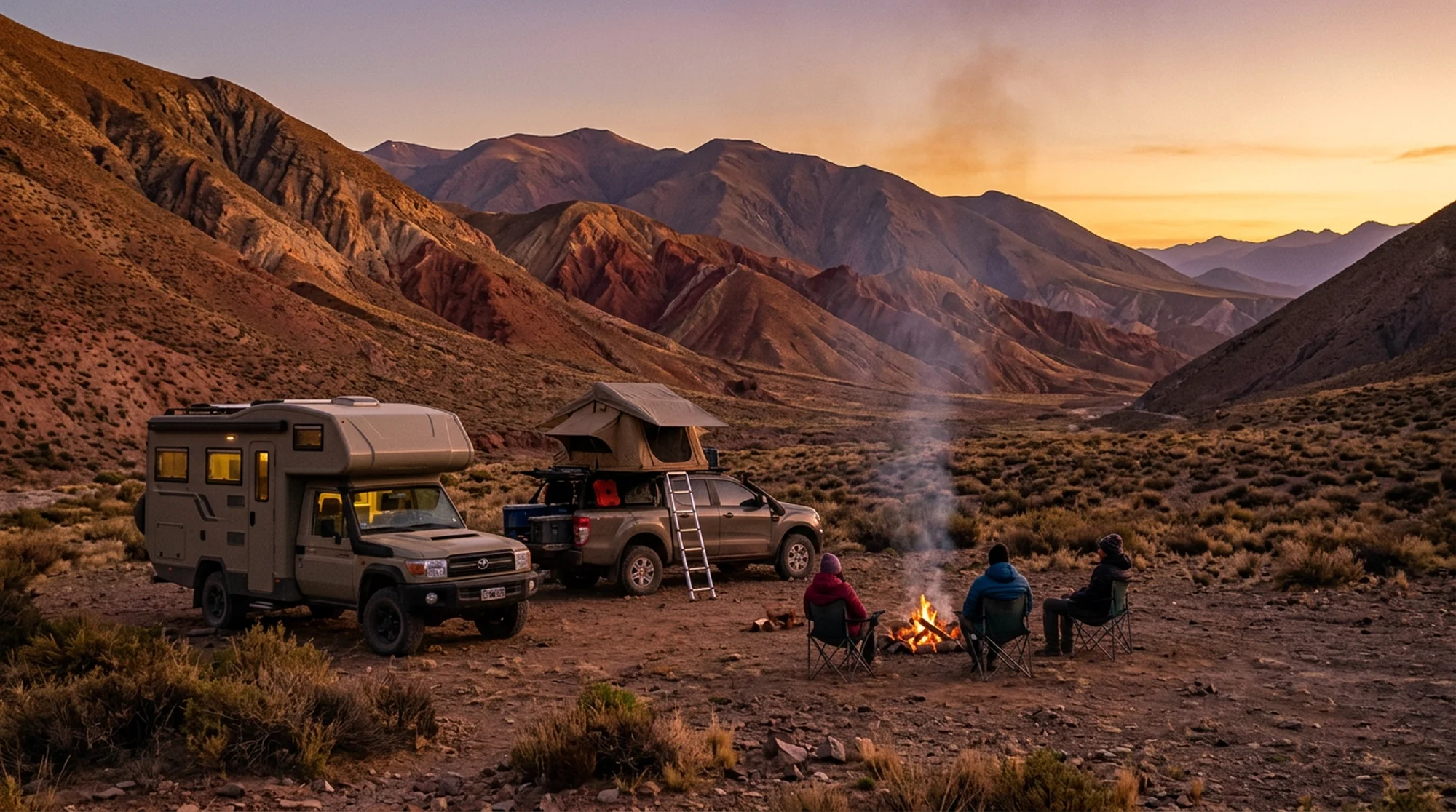 Un motorhome y una camioneta 4x4 acampados en un valle al atardecer, con tres personas junto al fuego